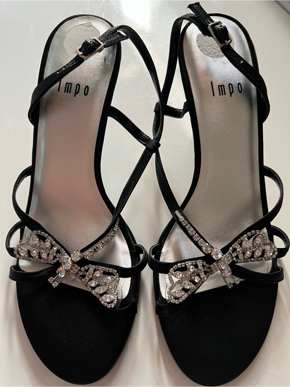 Impo Black Strappy Heels with Crystal Bow Accents